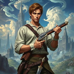 A fantasy book cover featuring a young, slightly muscular man with an intense gaze, holding a meticulously designed Lorenzoni flintlock gun