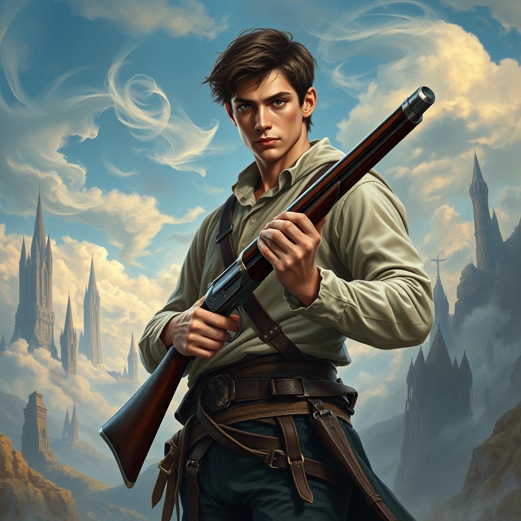 A fantasy book cover featuring a young, slightly muscular man with an intense gaze, holding a meticulously designed Lorenzoni flintlock gun