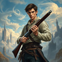 A fantasy book cover featuring a young, slightly muscular man with an intense gaze, holding a meticulously designed Lorenzoni flintlock gun