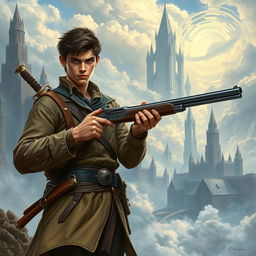 A fantasy book cover featuring a young, slightly muscular man with an intense gaze, holding a meticulously designed Lorenzoni flintlock gun