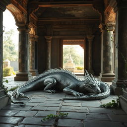 A majestic wounded silver dragon rests inside an ancient, abandoned Chinese temple