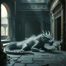 A majestic wounded silver dragon rests inside an ancient, abandoned Chinese temple