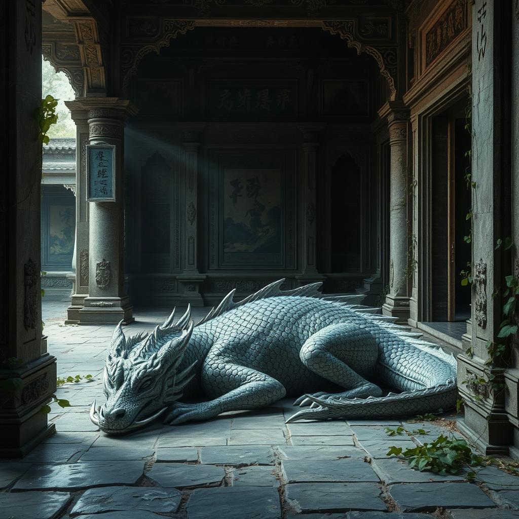 A majestic wounded silver dragon rests inside an ancient, abandoned Chinese temple