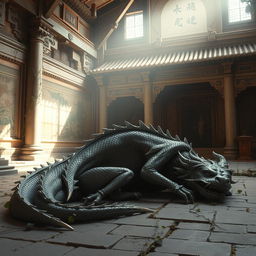 A majestic wounded silver dragon rests inside an ancient, abandoned Chinese temple