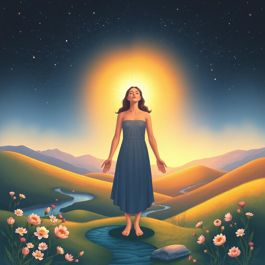 An inspiring and mystical illustration of a person experiencing a spiritual awakening