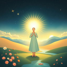 An inspiring and mystical illustration of a person experiencing a spiritual awakening