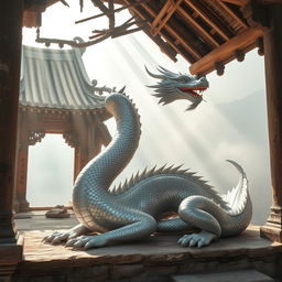 A majestic silver white dragon elegantly resting inside an ancient, abandoned Chinese temple, situated high on a mist-covered mountain