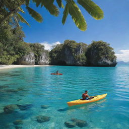 Kayak-bearing adventurers embark on an island hopping journey, paddling through calm aqua blue waters, around tropical islands flourishing with greenery, under the arching brilliance of a sapphire sky.