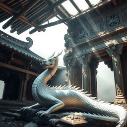 A majestic silver white dragon elegantly resting inside an ancient, abandoned Chinese temple, situated high on a mist-covered mountain