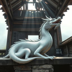 A majestic silver white dragon elegantly resting inside an ancient, abandoned Chinese temple, situated high on a mist-covered mountain