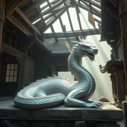 A majestic silver white dragon elegantly resting inside an ancient, abandoned Chinese temple, situated high on a mist-covered mountain