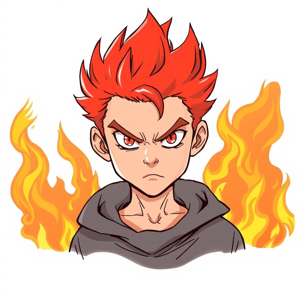 Illustration of a boy with fiery red hair, showing a determined and fierce expression, set against a blazing background filled with dramatic flames