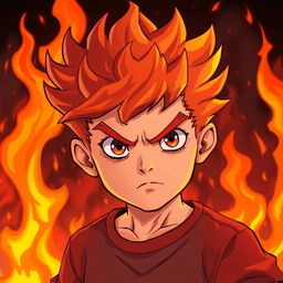 Illustration of a boy with fiery red hair, showing a determined and fierce expression, set against a blazing background filled with dramatic flames