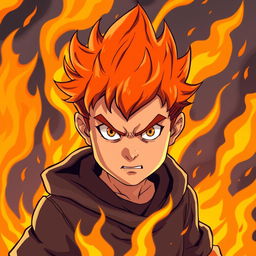 Illustration of a boy with fiery red hair, showing a determined and fierce expression, set against a blazing background filled with dramatic flames