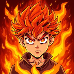 Illustration of a boy with fiery red hair, showing a determined and fierce expression, set against a blazing background filled with dramatic flames