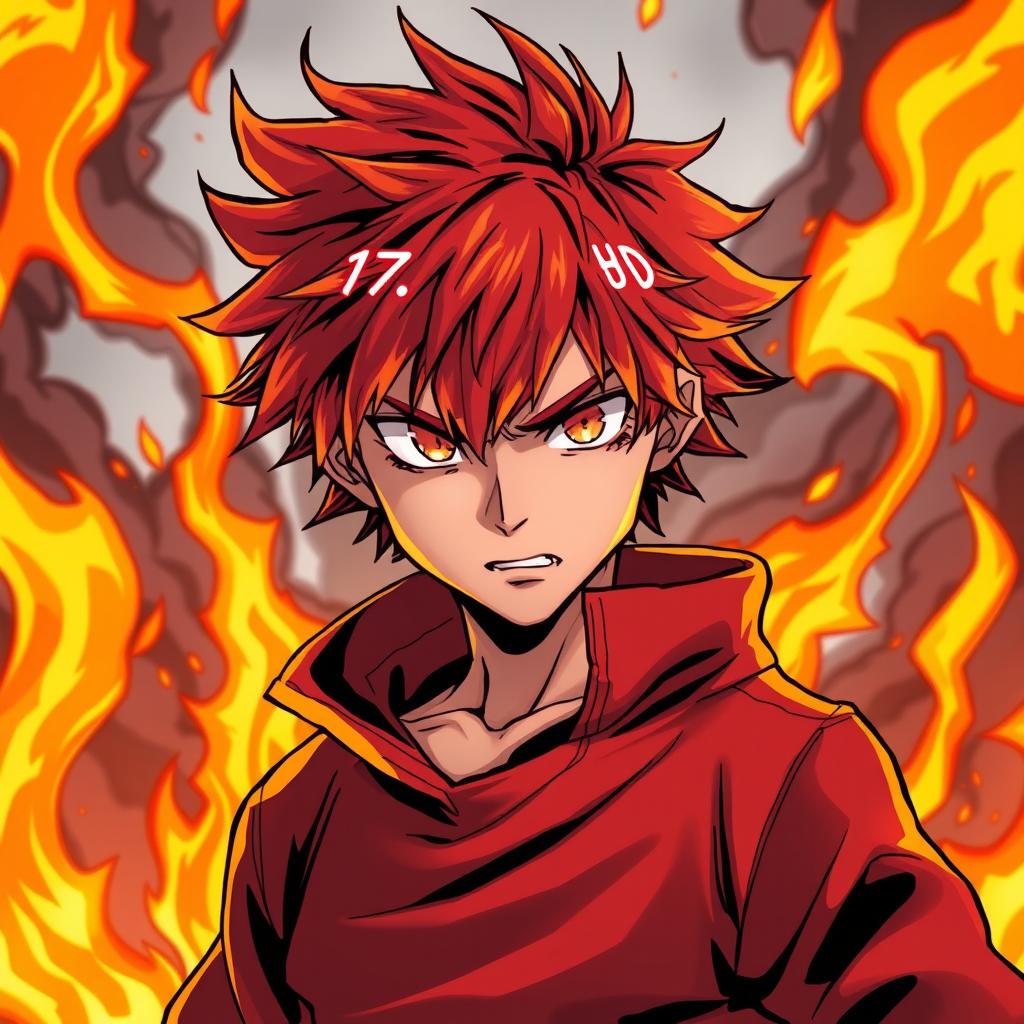 A 17-year-old boy with fiery red hair and a determined, fierce expression, illustrated in a dynamic manga style