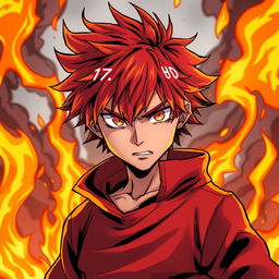 A 17-year-old boy with fiery red hair and a determined, fierce expression, illustrated in a dynamic manga style