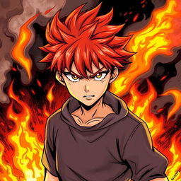 A 17-year-old boy with fiery red hair and a determined, fierce expression, illustrated in a dynamic manga style