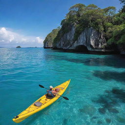 Kayak-bearing adventurers embark on an island hopping journey, paddling through calm aqua blue waters, around tropical islands flourishing with greenery, under the arching brilliance of a sapphire sky.