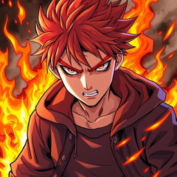 A 17-year-old boy with fiery red hair and a determined, fierce expression, illustrated in a dynamic manga style