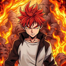 A 17-year-old boy with fiery red hair and a determined, fierce expression, illustrated in a dynamic manga style