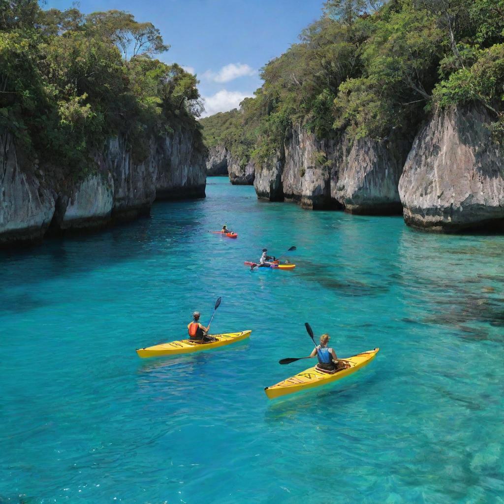 Kayak-bearing adventurers embark on an island hopping journey, paddling through calm aqua blue waters, around tropical islands flourishing with greenery, under the arching brilliance of a sapphire sky.