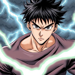 A 17-year-old boy with jet-black hair, exuding a determined and fierce expression, set against a stormy backdrop with dramatic lightning strikes