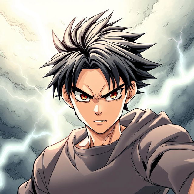 A 17-year-old boy with jet-black hair, exuding a determined and fierce expression, set against a stormy backdrop with dramatic lightning strikes