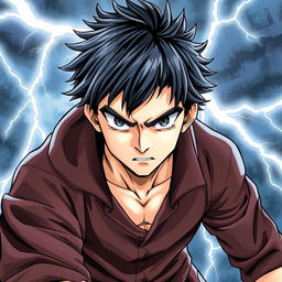 A 17-year-old boy with jet-black hair, exuding a determined and fierce expression, set against a stormy backdrop with dramatic lightning strikes