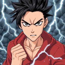 A 17-year-old boy with jet-black hair, exuding a determined and fierce expression, set against a stormy backdrop with dramatic lightning strikes