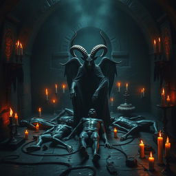 A dark and mystical depiction of Baphomet amidst an eerie scene of desolation