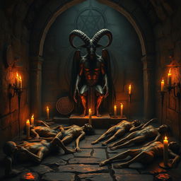 A dark and mystical depiction of Baphomet amidst an eerie scene of desolation