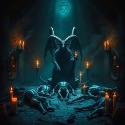 A dark and mystical depiction of Baphomet amidst an eerie scene of desolation