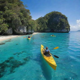 Kayak-bearing adventurers embark on an island hopping journey, paddling through calm aqua blue waters, around tropical islands flourishing with greenery, under the arching brilliance of a sapphire sky.