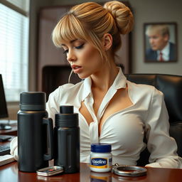 An extreme close-up of a gorgeous female with a blond bun hairstyle, featuring bangs