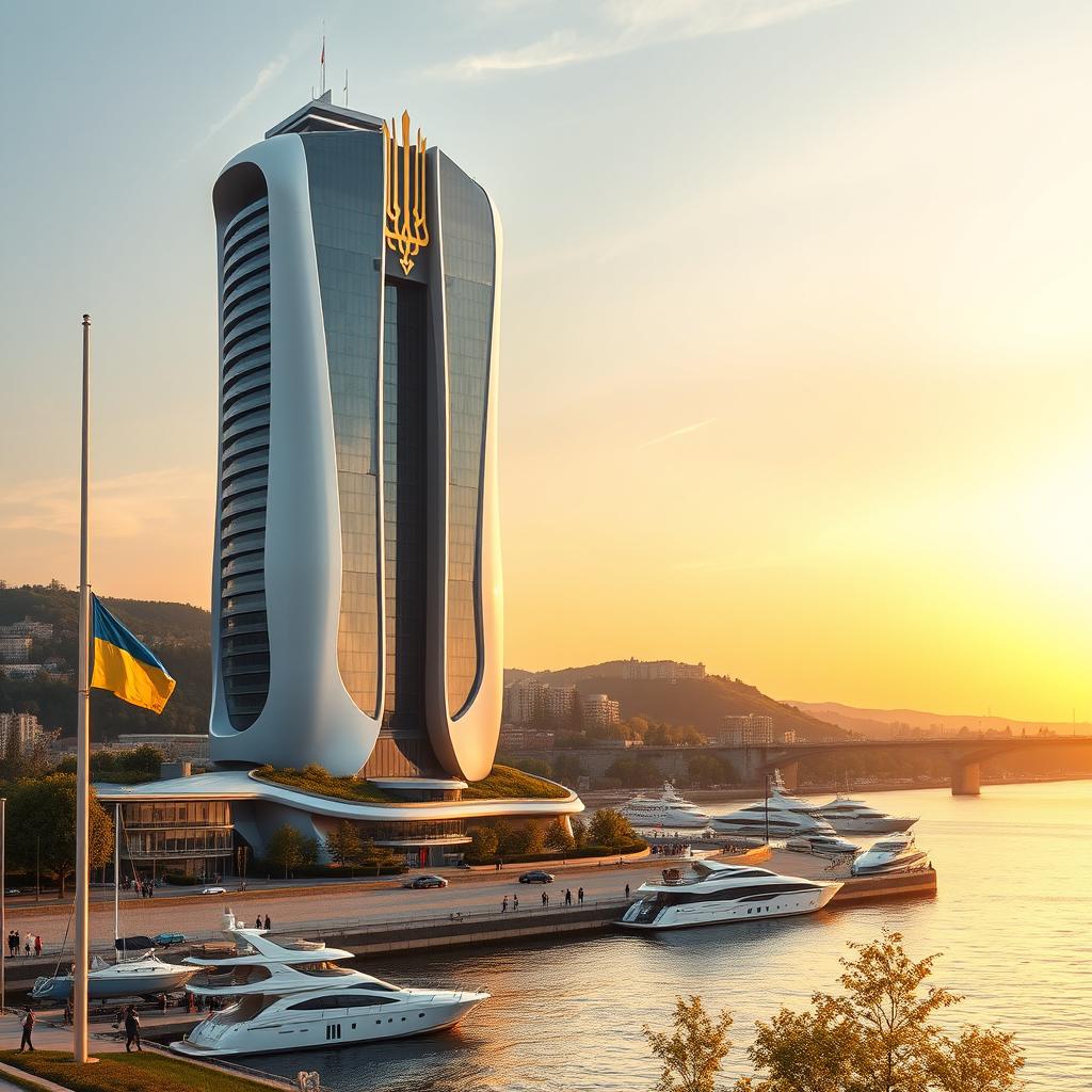 A futuristic bionic skyscraper with 50 floors stands majestically on the river bank