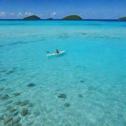 A crystal-clear kayak gliding across serene turquoise waters, revealing the fascinating marine life beneath. Lush tropical islands rest in the horizons under the radiant blue sky.