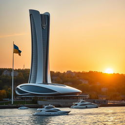 A futuristic bionic skyscraper with 50 floors stands majestically on the river bank