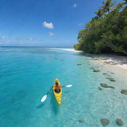 A crystal-clear kayak gliding across serene turquoise waters, revealing the fascinating marine life beneath. Lush tropical islands rest in the horizons under the radiant blue sky.