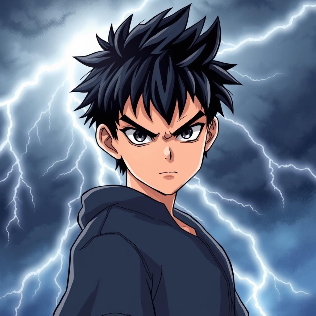 Illustration of a 17-year-old boy with jet-black hair, emanating a determined and fierce expression