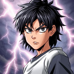 Illustration of a 17-year-old boy with jet-black hair, emanating a determined and fierce expression