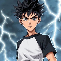 Illustration of a 17-year-old boy with jet-black hair, emanating a determined and fierce expression