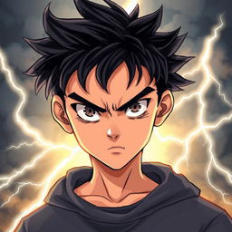 Illustration of a 17-year-old boy with jet-black hair, emanating a determined and fierce expression