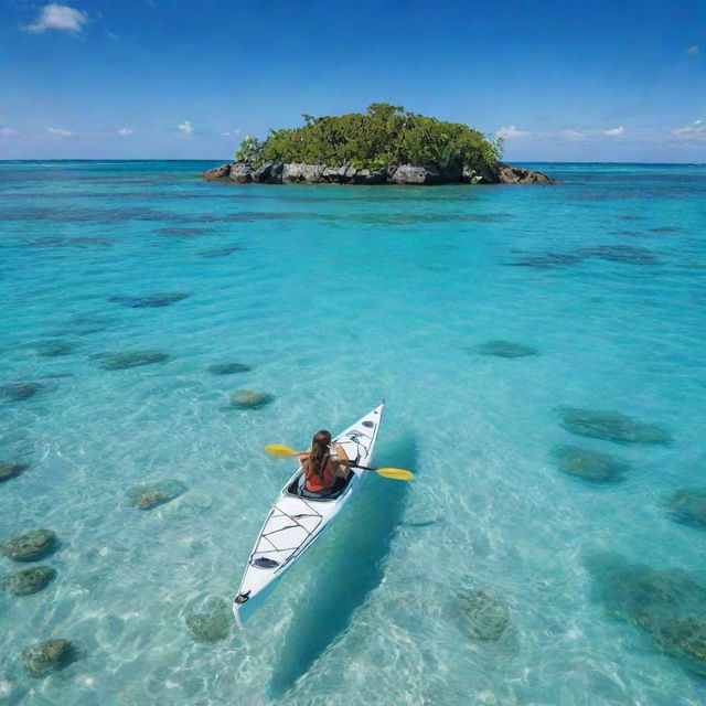 A crystal-clear kayak gliding across serene turquoise waters, revealing the fascinating marine life beneath. Lush tropical islands rest in the horizons under the radiant blue sky.