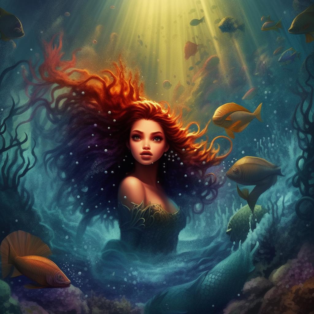 Adapt the vibrant book cover to incorporate an undersea portion at the bottom half, depicting majestic mermaids swimming amidst vibrant corals and curious sea creatures under the tumultuous waves of the battle above.