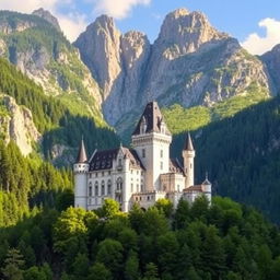 A majestic white stone castle surrounded by a dense forest and towering mountains