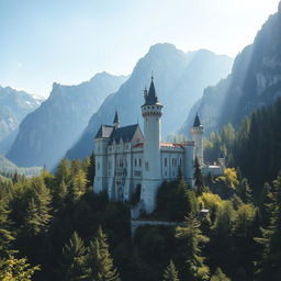 A majestic white stone castle surrounded by a dense forest and towering mountains