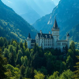 A majestic white stone castle surrounded by a dense forest and towering mountains