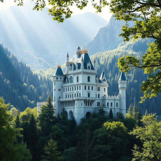 A majestic white stone castle surrounded by a dense forest and towering mountains