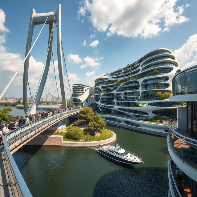 From an observation deck, we observe a magnificent bridge with towering bionic arches, supporting a building of bionic, dynamic, and smooth design